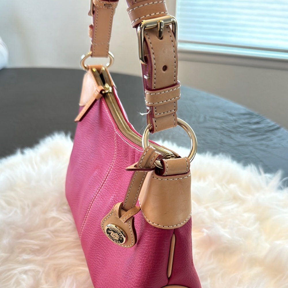NWT Dooney & Bourke Small O-Ring Slouch Bag Fuchsia and Tan Leather - Picture 6 of 16